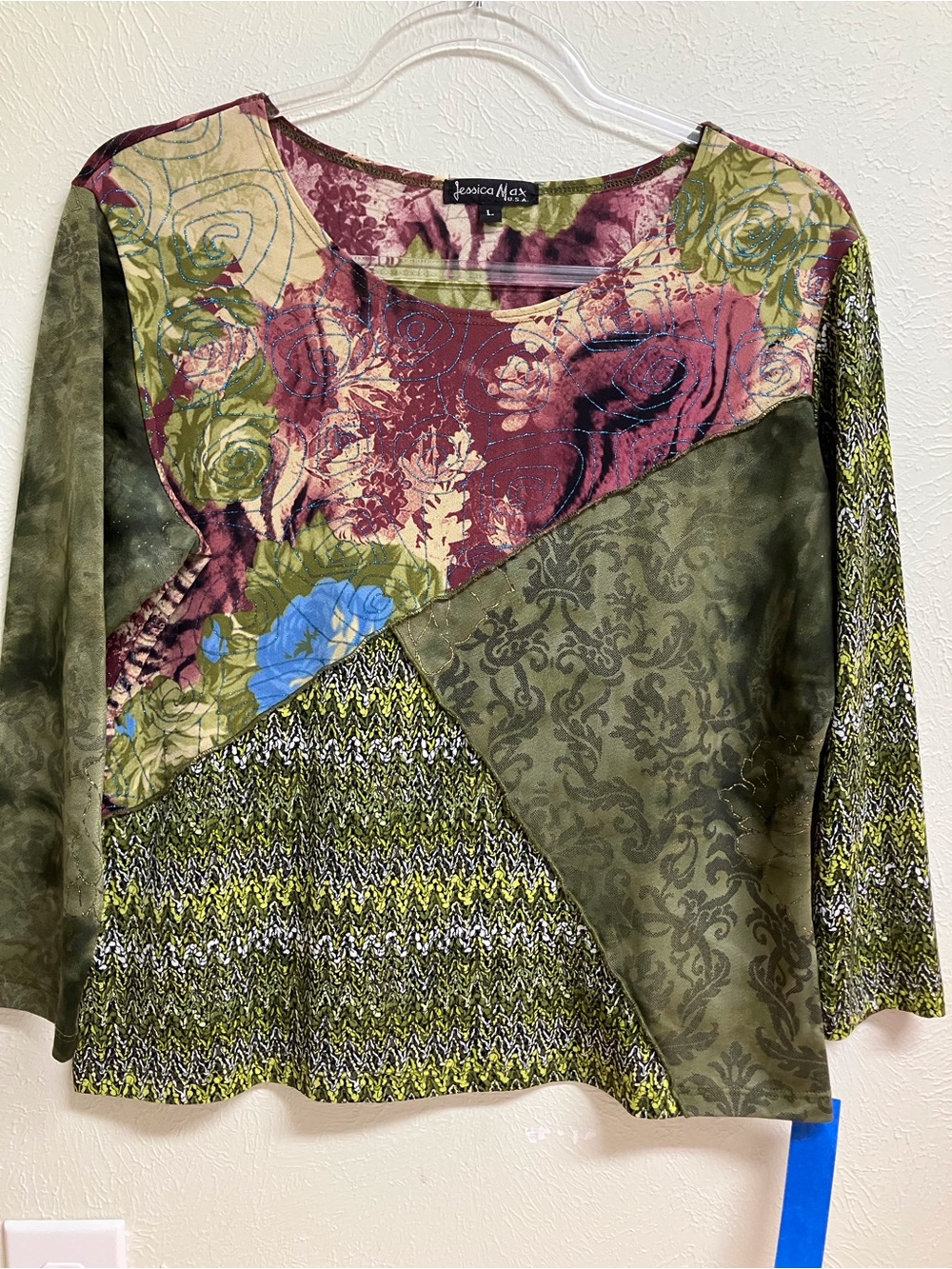 Jessica Olive & Burgundy Patchwork Floral Knit Long Sleeve Top